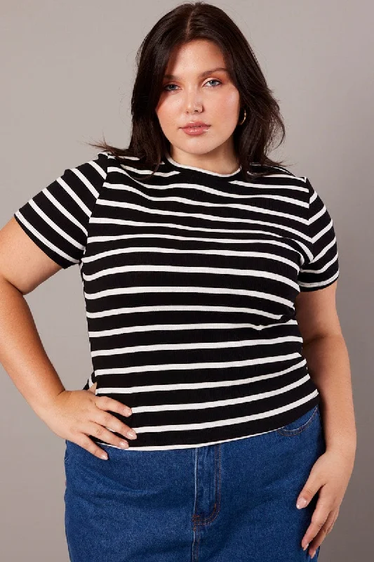 Black Stripe T-shirt Short Sleeve Crew Neck