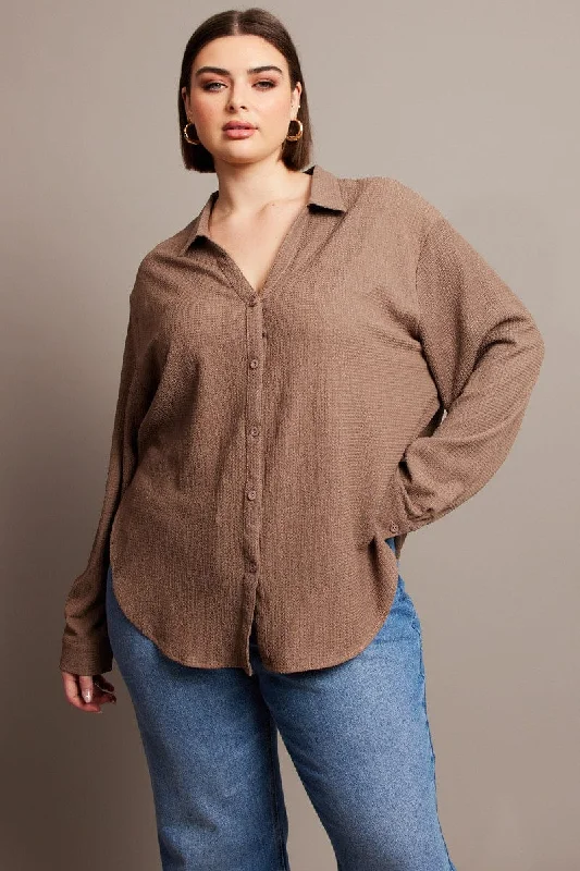 Brown Relaxed Shirt Long Sleeve Textured