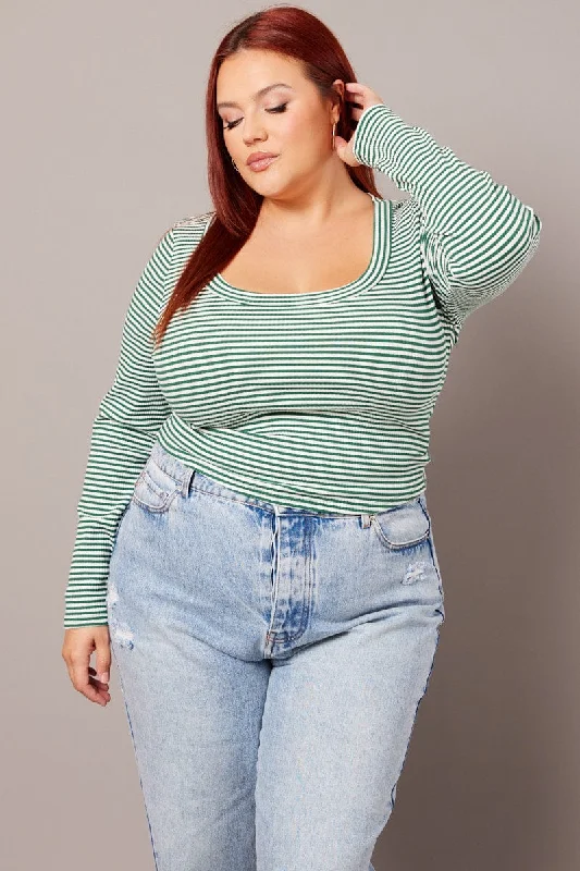 Green Stripe Top Long Sleeve Scoop Neck