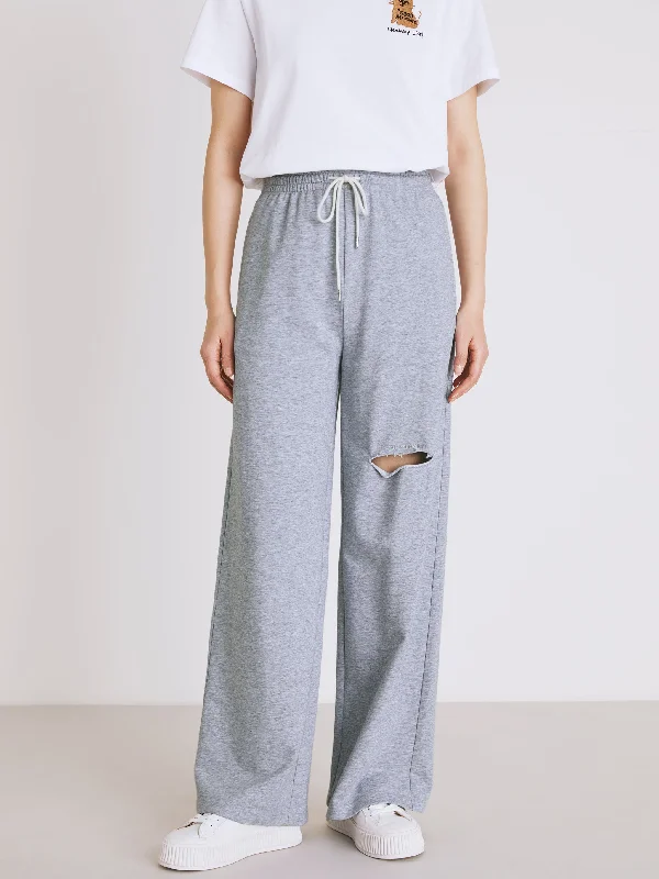 Torn Wide Leg Pants-Grey