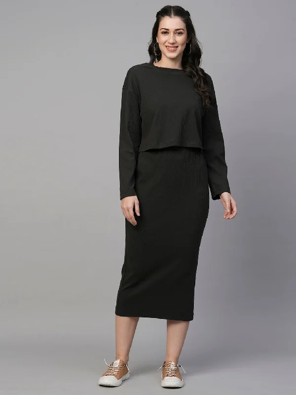 Women's Grey Cotton Elastane Slim Fit Knit Skirt