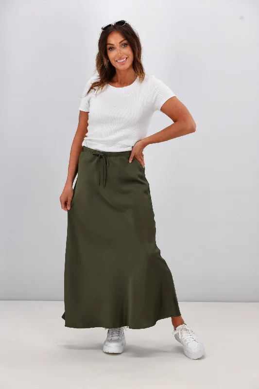 Shine On Label Hazel Satin Paneled Midi Skirt Olive