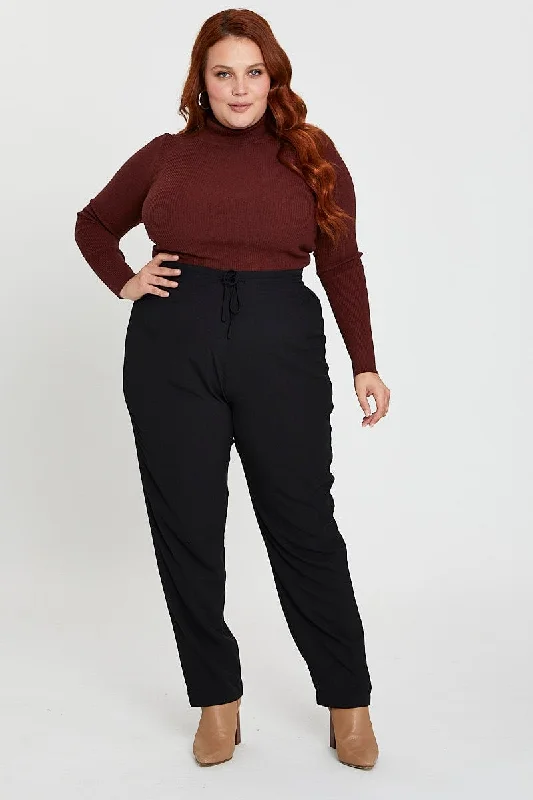 Black Track Pants High Rise Polyester Elastic Waist