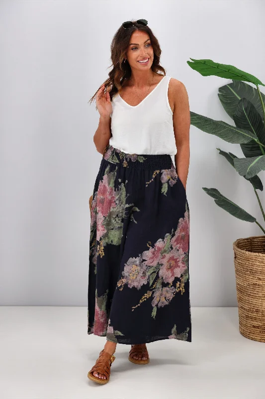 Cali & Co Wide Leg Linen Floral Pant Navy